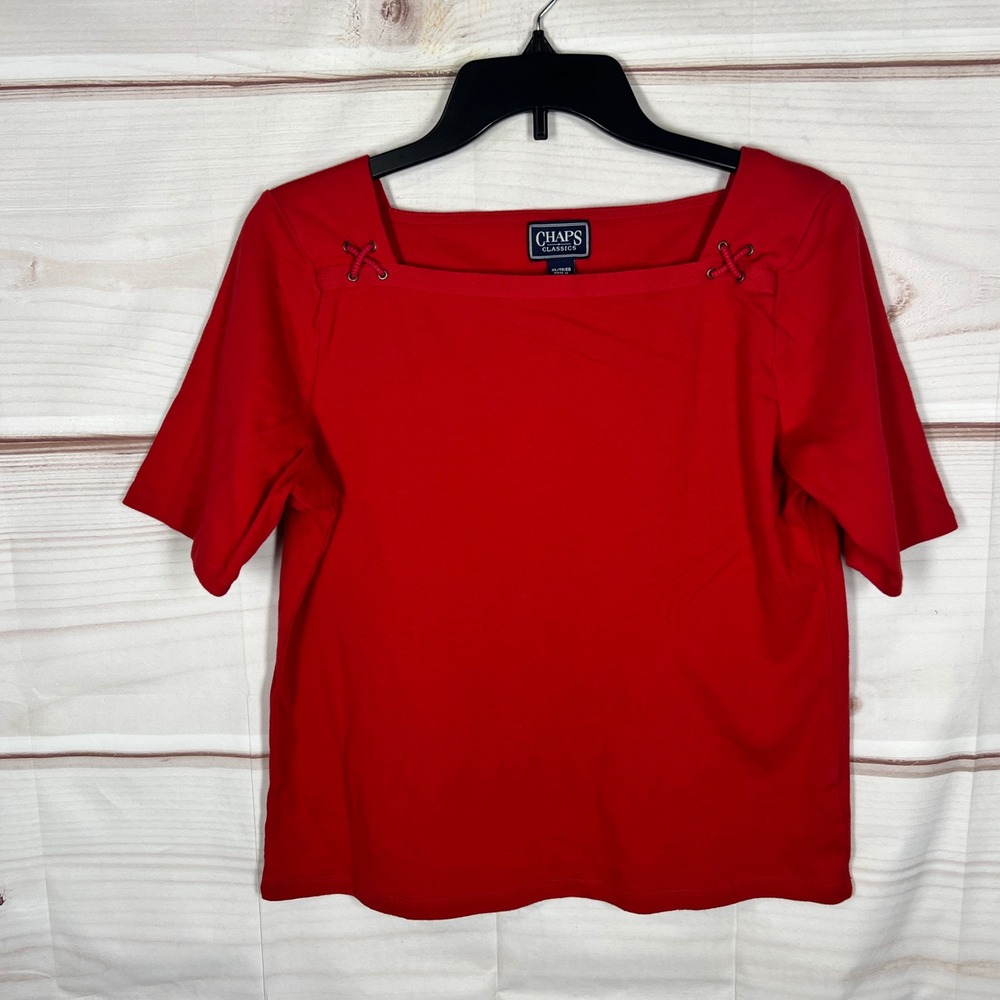 Chaps Classics T-Shirt Women XL Red Solid Square Neck Cotton Short Sleeve Top